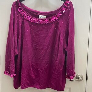 Linea by Louis DellOlio Sequined Embellished Boat Neck Sweater Top Magenta 3X